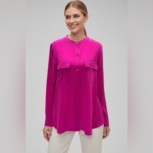 Vince 100% Silk Fuchsia Pink Band Collar Utility Blouse Size 8